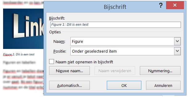 Bijschrift (titel en nummering) invoegen Word 2013