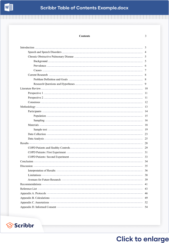 case study table of contents example