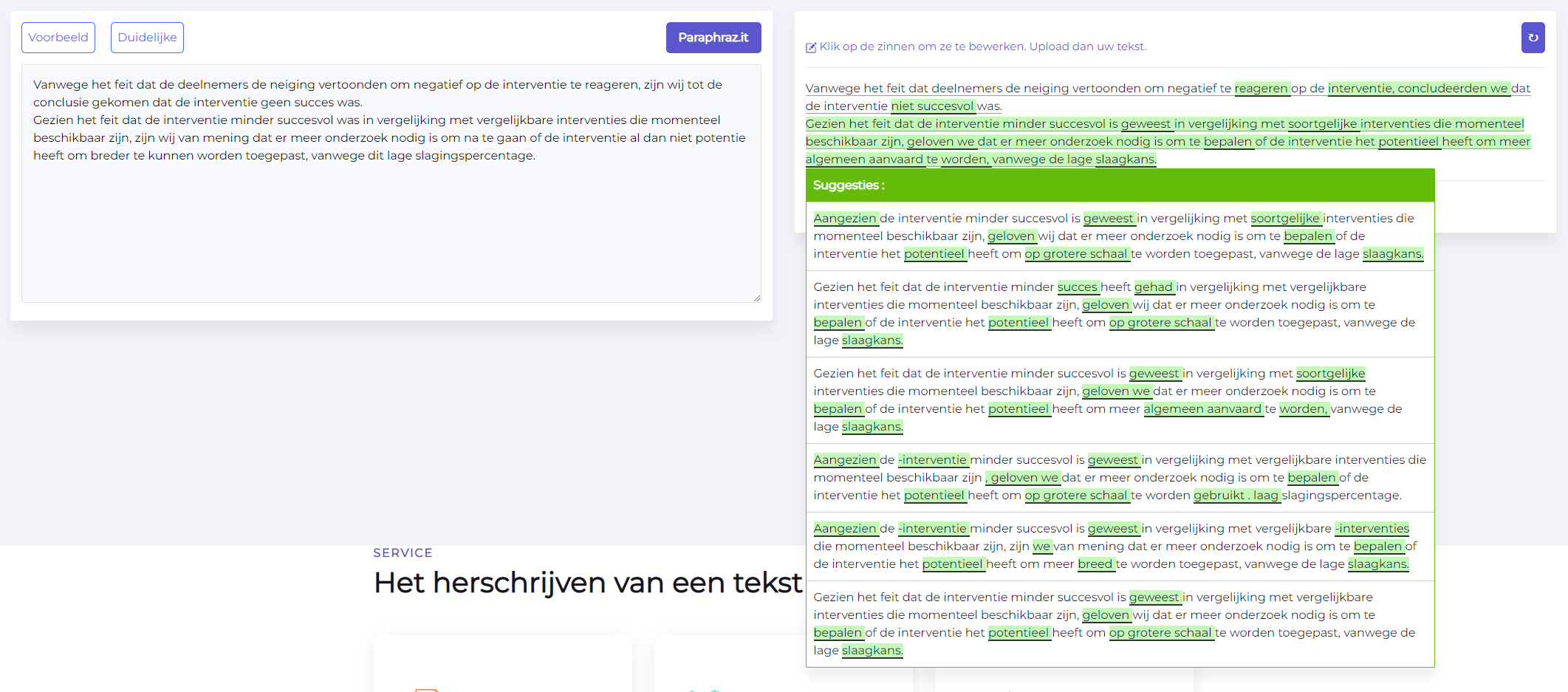 Parafraseringstools Paraphraz.it tekst herschrijven voorbeeld