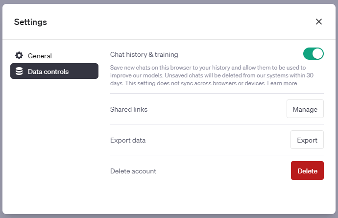 ChatGPT settings menu